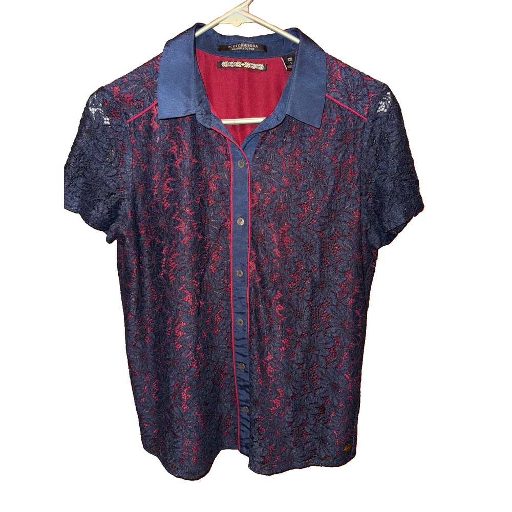 Scotch & Soda Maison Scotch women Sz 1 Small navy lace top red lining piping
